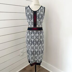 Carmen Marc Valvo Knit Bodycon Dress Sleeveless Black Cream Red Sz Medium M